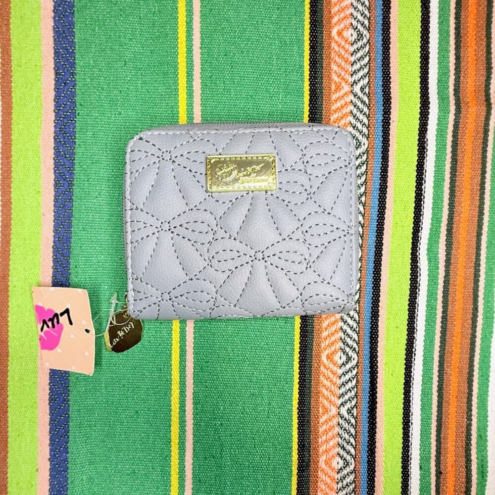 Luv Betsey Jessy Zip Around Wallet in 'Denim' Blue Embroidered Faux Leather NWT
